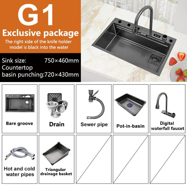 Waterfall Sink Nano Stainless Steel Kitchen Sink Large Single Slot Kitchen Accessories Waterfall Faucet For Kitchen Renovation