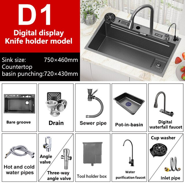 Waterfall Sink Nano Stainless Steel Kitchen Sink Large Single Slot Kitchen Accessories Waterfall Faucet For Kitchen Renovation