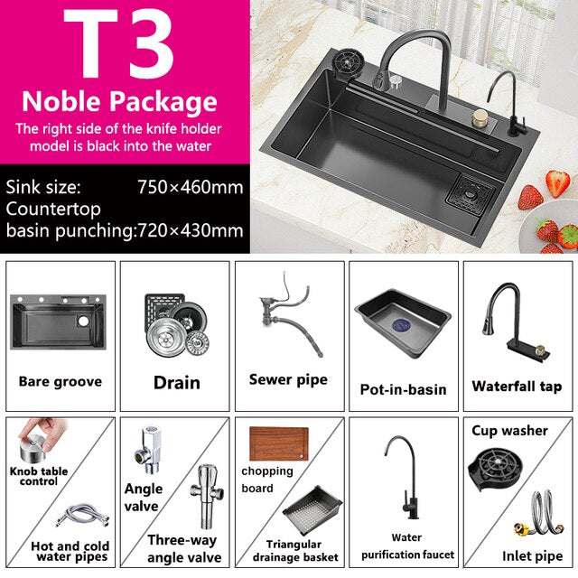 Waterfall Sink Nano Stainless Steel Kitchen Sink Large Single Slot Kitchen Accessories Waterfall Faucet For Kitchen Renovation