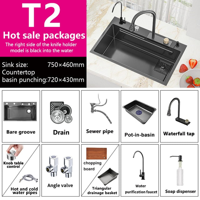 Waterfall Sink Nano Stainless Steel Kitchen Sink Large Single Slot Kitchen Accessories Waterfall Faucet For Kitchen Renovation