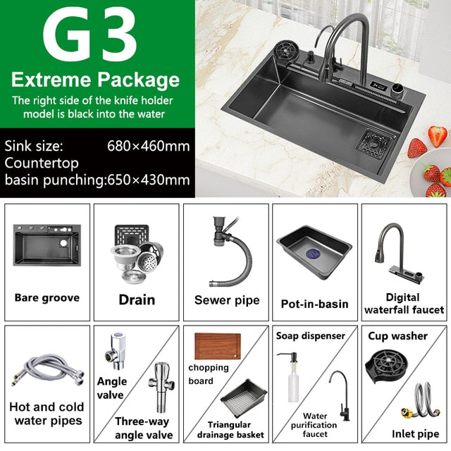 Waterfall Sink Nano Stainless Steel Kitchen Sink Large Single Slot Kitchen Accessories Waterfall Faucet For Kitchen Renovation