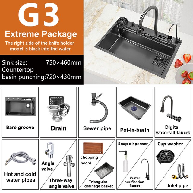 Waterfall Sink Nano Stainless Steel Kitchen Sink Large Single Slot Kitchen Accessories Waterfall Faucet For Kitchen Renovation
