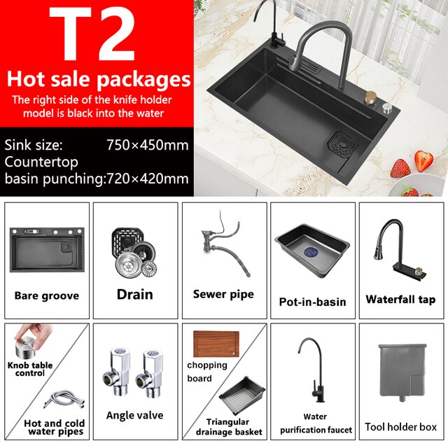 Waterfall Sink Nano Stainless Steel Kitchen Sink Large Single Slot Kitchen Accessories Waterfall Faucet For Kitchen Renovation