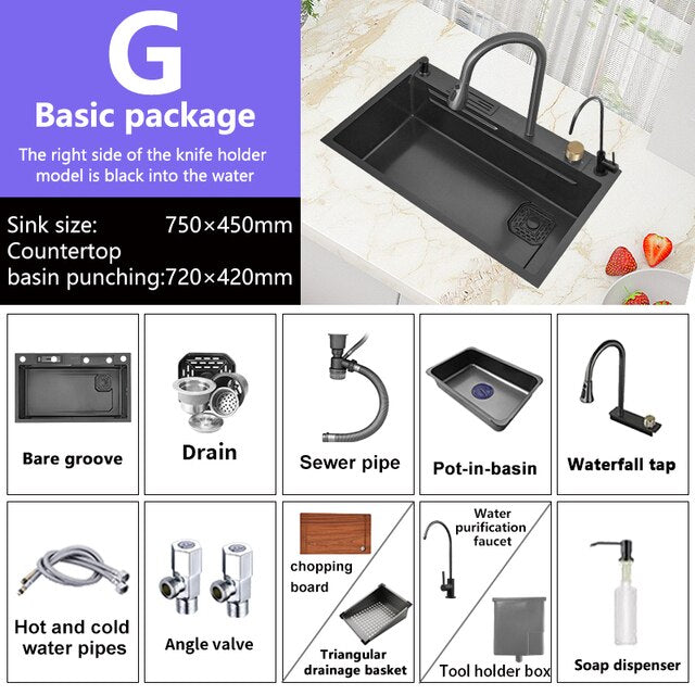 Waterfall Sink Nano Stainless Steel Kitchen Sink Large Single Slot Kitchen Accessories Waterfall Faucet For Kitchen Renovation