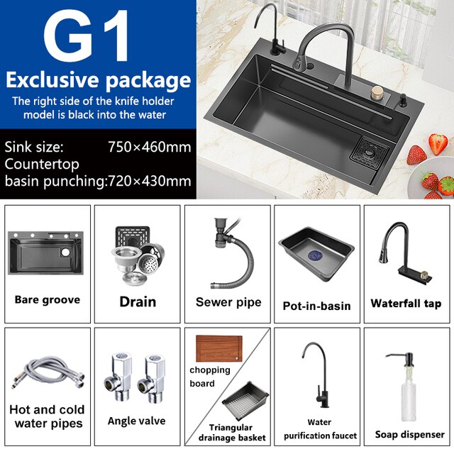 Waterfall Sink Nano Stainless Steel Kitchen Sink Large Single Slot Kitchen Accessories Waterfall Faucet For Kitchen Renovation