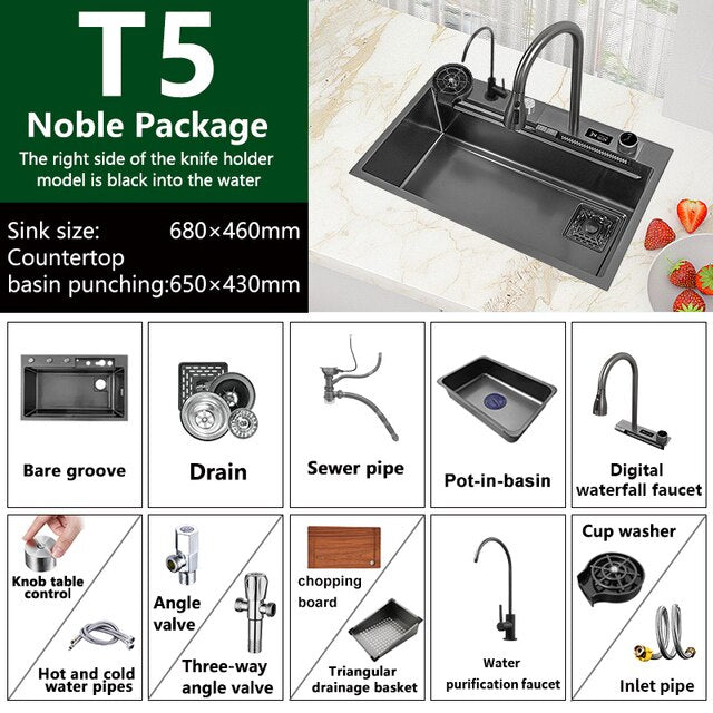 Waterfall Sink Nano Stainless Steel Kitchen Sink Large Single Slot Kitchen Accessories Waterfall Faucet For Kitchen Renovation