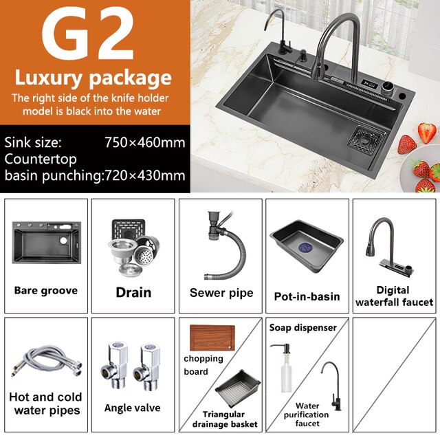 Waterfall Sink Nano Stainless Steel Kitchen Sink Large Single Slot Kitchen Accessories Waterfall Faucet For Kitchen Renovation