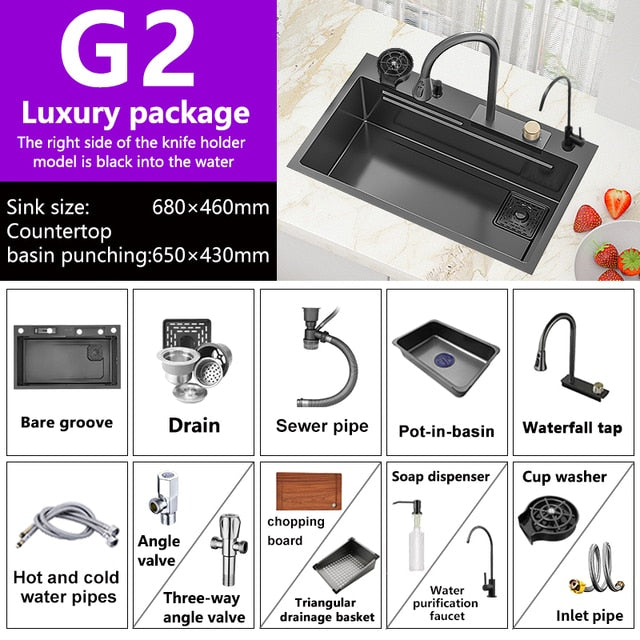 Waterfall Sink Nano Stainless Steel Kitchen Sink Large Single Slot Kitchen Accessories Waterfall Faucet For Kitchen Renovation
