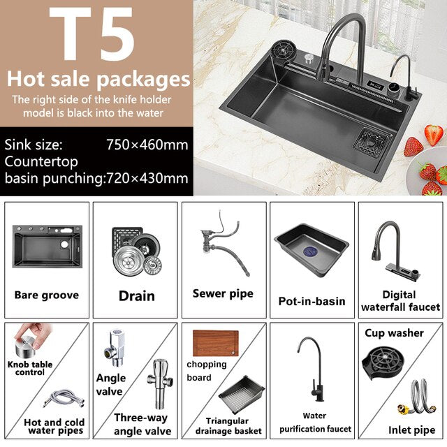 Waterfall Sink Nano Stainless Steel Kitchen Sink Large Single Slot Kitchen Accessories Waterfall Faucet For Kitchen Renovation