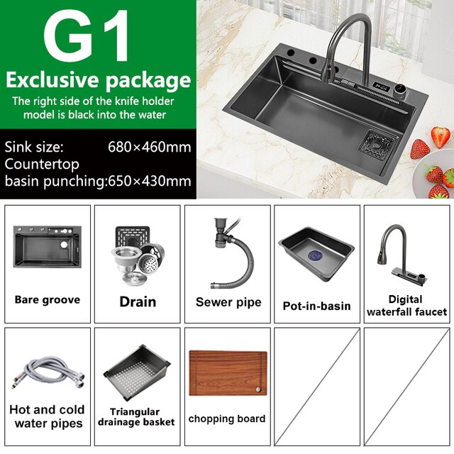 Waterfall Sink Nano Stainless Steel Kitchen Sink Large Single Slot Kitchen Accessories Waterfall Faucet For Kitchen Renovation