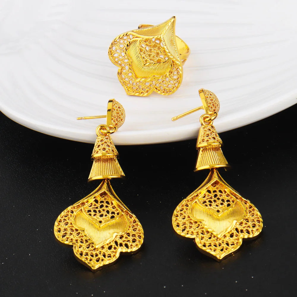 Jewelery Set For Women Dubai 24K Gold Color Jewlery African Designer Wedding Bridal Necklace Earring Ring Gift