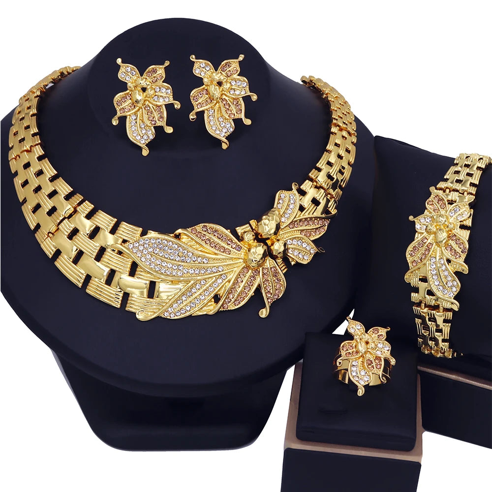 YTJX Wedding Jewelry Set Africal Big Flower Choker Necklace Fine Zircon Bracelet Piercing Earring Ring 18K Gold Plated Jewellery