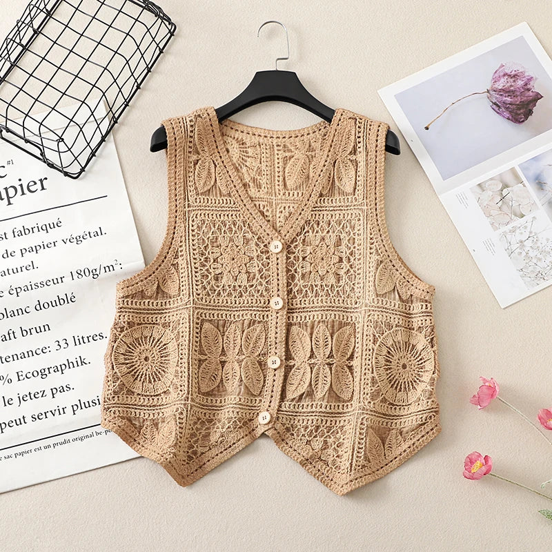Women's Boho Style Crochet Lace Vest White Beige Green Purple Brown Sleeveless Summer Jackets Coat Hollow Out Knit Cover Ups Top