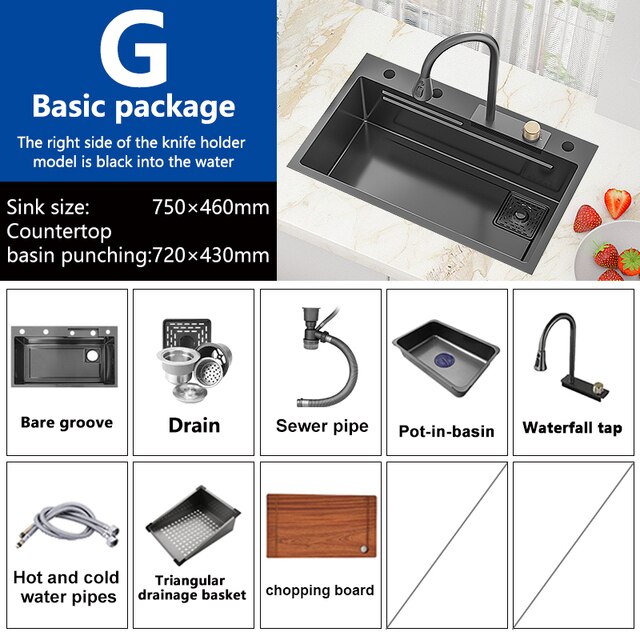 Waterfall Sink Nano Stainless Steel Kitchen Sink Large Single Slot Kitchen Accessories Waterfall Faucet For Kitchen Renovation