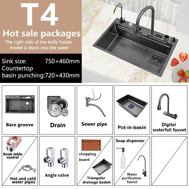 Waterfall Sink Nano Stainless Steel Kitchen Sink Large Single Slot Kitchen Accessories Waterfall Faucet For Kitchen Renovation