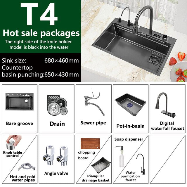 Waterfall Sink Nano Stainless Steel Kitchen Sink Large Single Slot Kitchen Accessories Waterfall Faucet For Kitchen Renovation