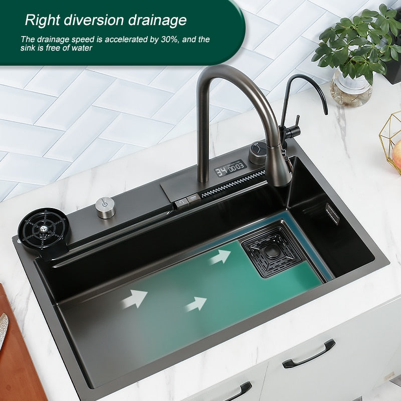 Waterfall Sink Nano Stainless Steel Kitchen Sink Large Single Slot Kitchen Accessories Waterfall Faucet For Kitchen Renovation