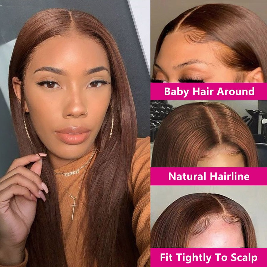 13x4 Chocolate Brown Straight Lace Front Wig 220% Hd Transparent Lace Frontal Wig Pre Plucked Colored Human Hair Wigs For Women