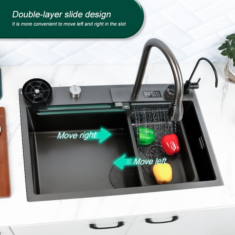 Waterfall Sink Nano Stainless Steel Kitchen Sink Large Single Slot Kitchen Accessories Waterfall Faucet For Kitchen Renovation