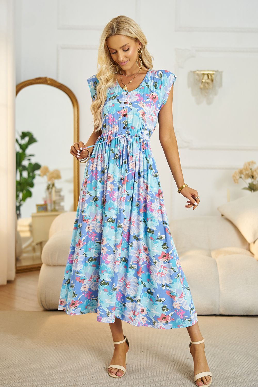 Floral V-Neck A-Line Midi Dress