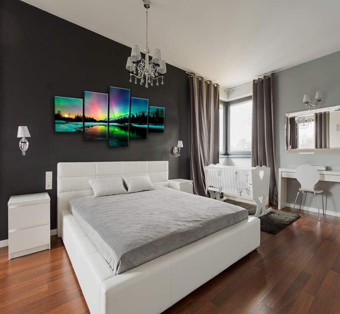 5 Pieces Wall Art Hd Aurora Scenery Painting On Canvas Prints Landscape Pictures For Home Decoration Office Wall Decor Framed