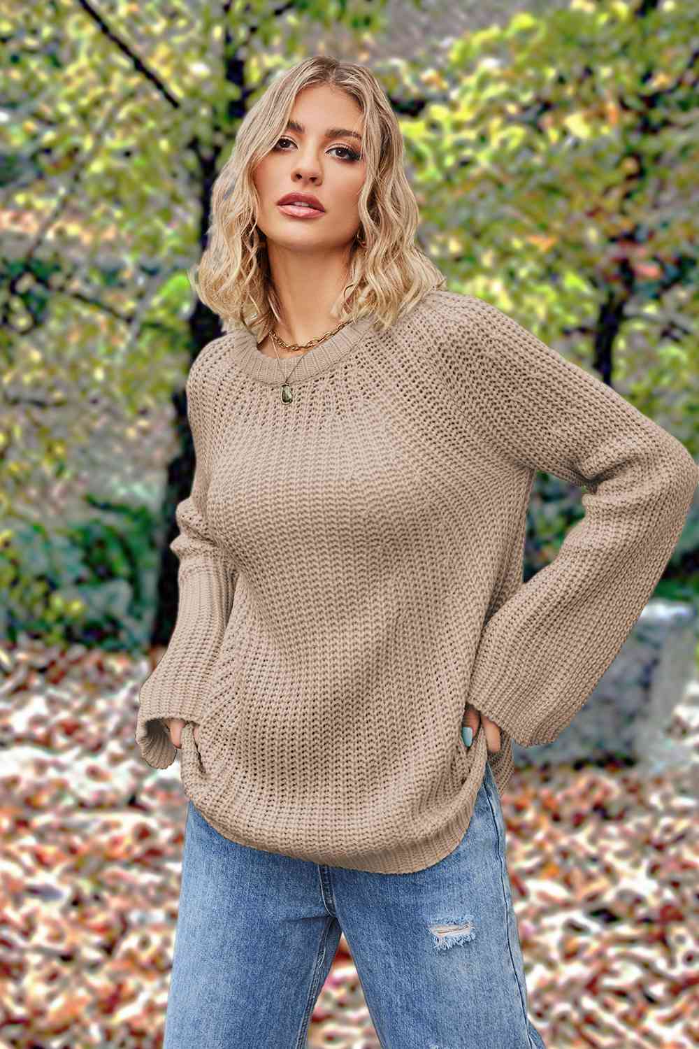 Openwork Round Neck Long Sleeve Sweater
