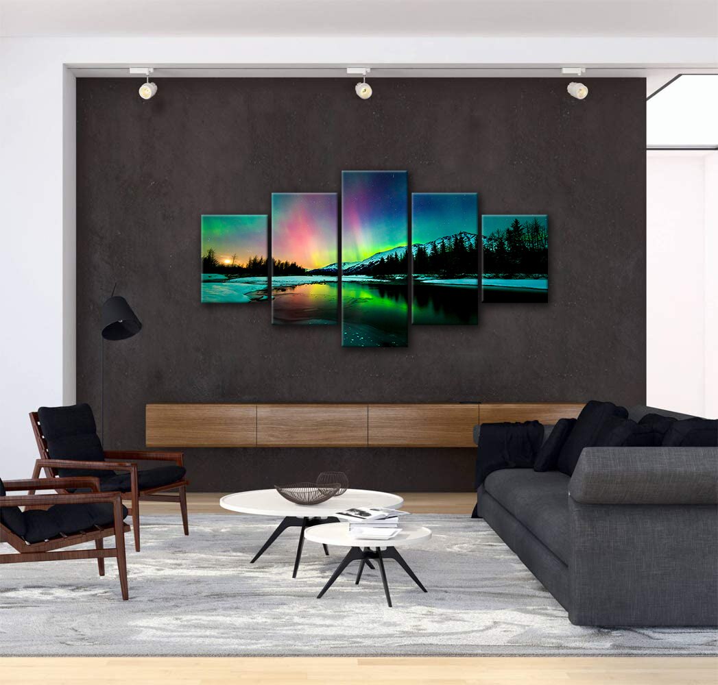 5 Pieces Wall Art Hd Aurora Scenery Painting On Canvas Prints Landscape Pictures For Home Decoration Office Wall Decor Framed