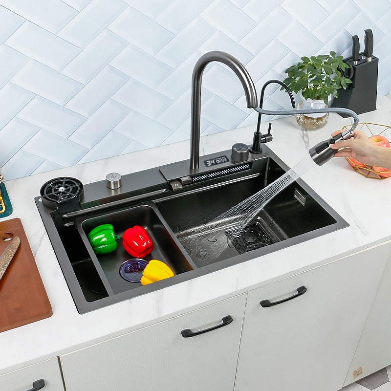 Waterfall Sink Nano Stainless Steel Kitchen Sink Large Single Slot Kitchen Accessories Waterfall Faucet For Kitchen Renovation