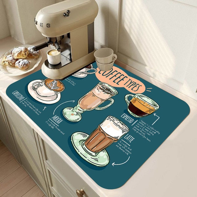 Retro Cafe Design Drain Pad Tableware Coffee Cup Placemat Kitchen Rugs Dish Drainer Absorbent Durable Napa Skin Bath Table Mat