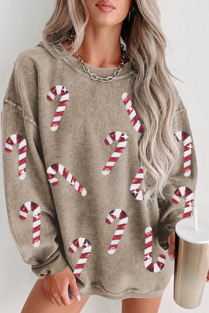 Sequin Candy Cane Round Neck Sweatshirt