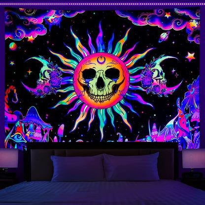 Black Light Tapestry Uv Reactive Psychedelic Skull Mushroom Wall Hanging Hippie Tapestry For Bedroom Home Decor Wall Decoration