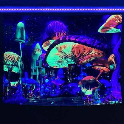 Black Light Tapestry Uv Reactive Psychedelic Skull Mushroom Wall Hanging Hippie Tapestry For Bedroom Home Decor Wall Decoration