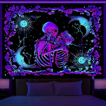 Black Light Tapestry Uv Reactive Psychedelic Skull Mushroom Wall Hanging Hippie Tapestry For Bedroom Home Decor Wall Decoration