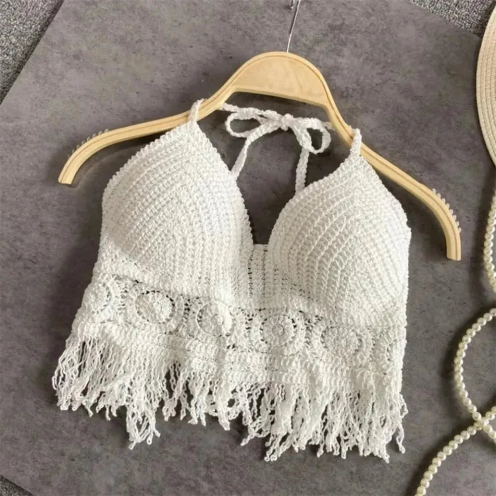 Women Boho Y2k Top Fringe Backless Halter Tie Neck Underwear Outerwear Neck Hanging Embroidery Tassel Suspender Vest Short Tank
