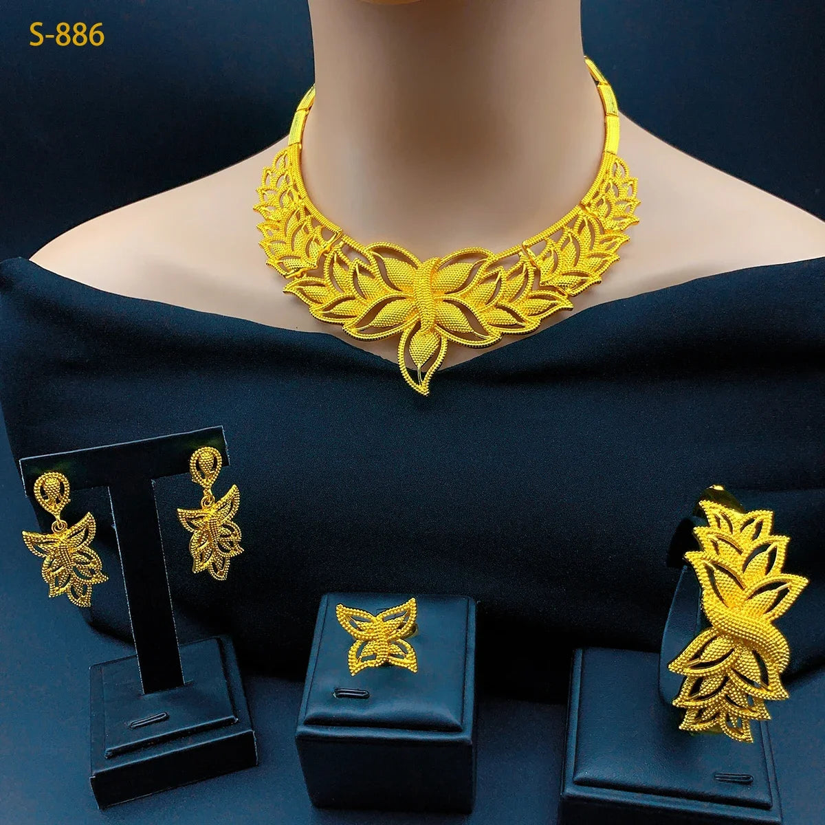 Nigerian Wedding Jewelry Dubai Gold Color African Necklace Bracelet Earrings Rings For Women Fashion Bridal Jewellery Sets Gifts