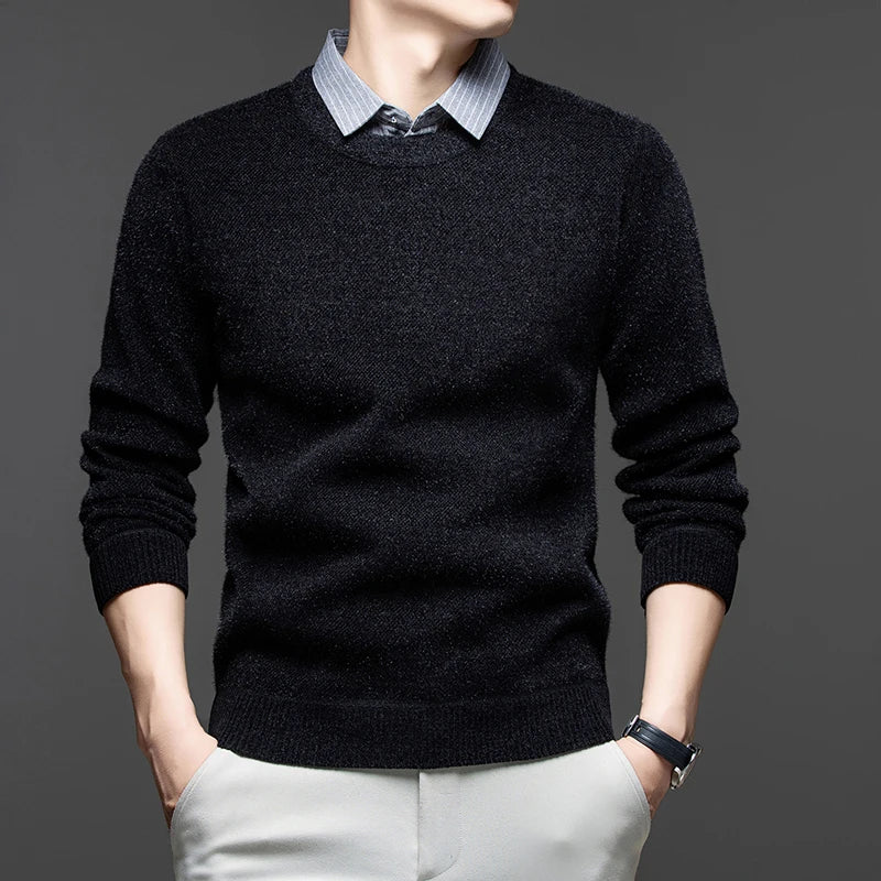 2025 Autumn and Winter Fashionable Men's Business Wear with A Lapel and Lined Sweater with An Inner Knitted Shirt