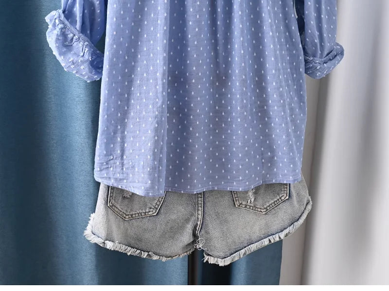Women's summer blouse 100% cotton yarn blue polka dot print shirts 3/4 sleeves blouses for women boho clothing