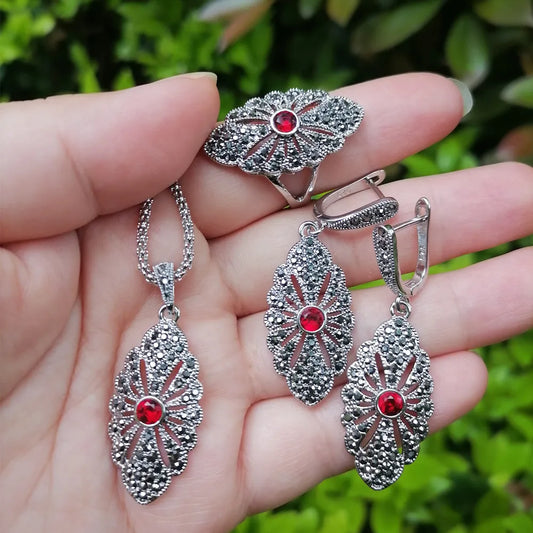 Ajojewel Woman Retro Style Jewelry Set With Red Stone Black Rhinestone Necklace Ring Earrings Vintage Gifts
