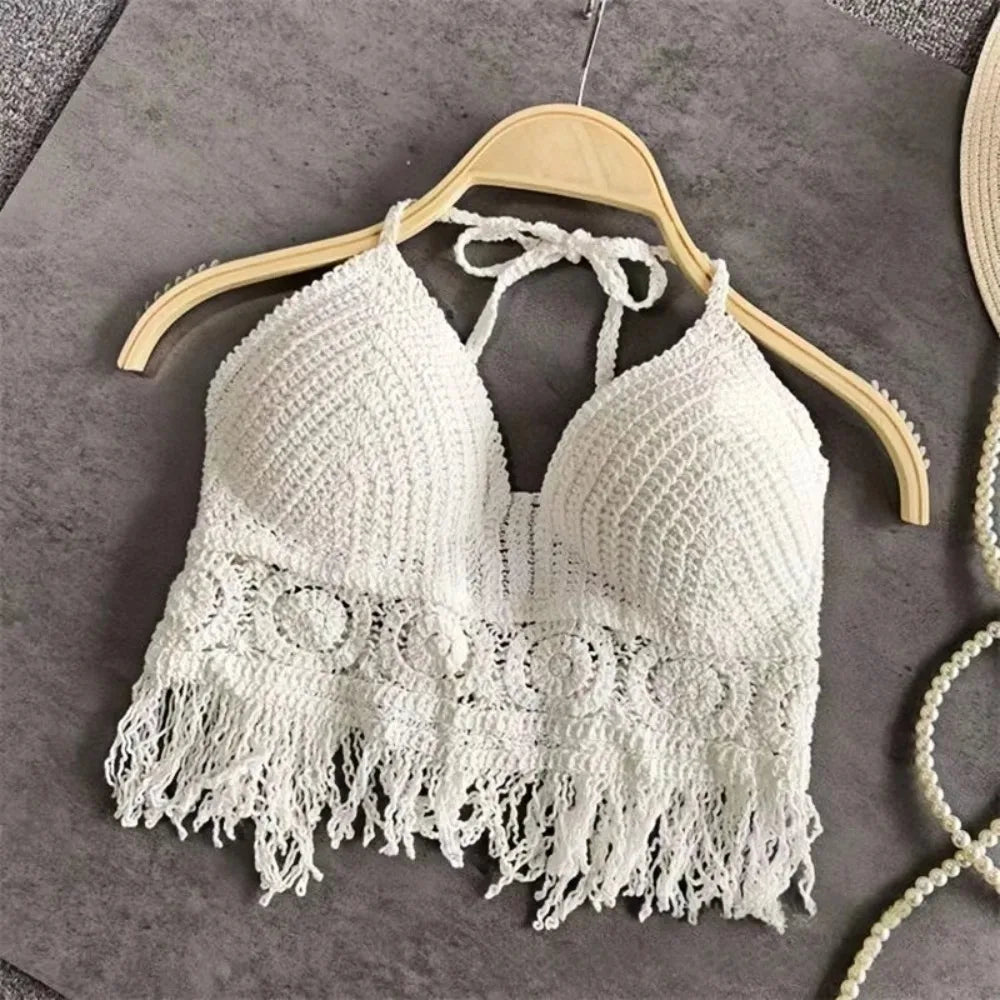 Women Boho Y2k Top Fringe Backless Halter Tie Neck Underwear Outerwear Neck Hanging Embroidery Tassel Suspender Vest Short Tank