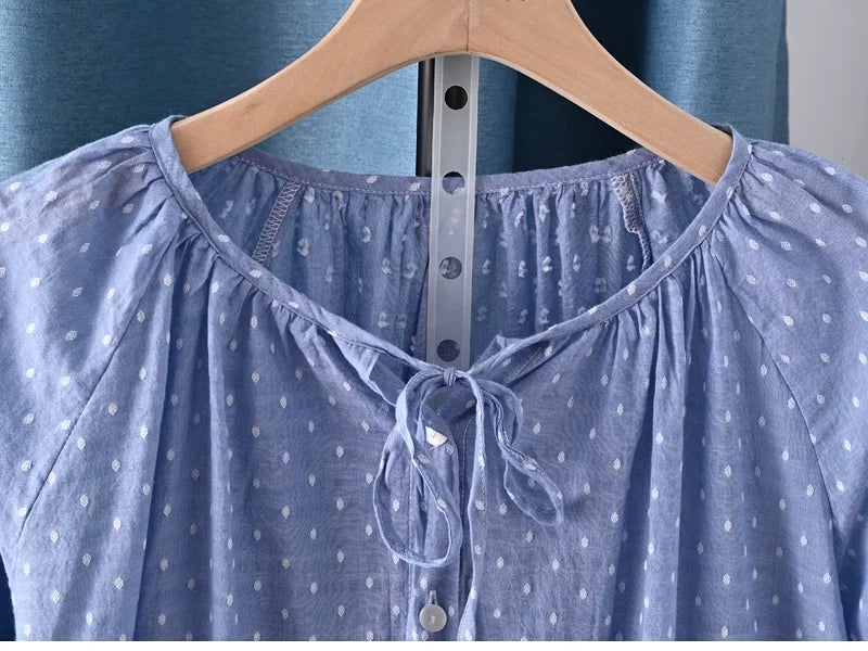 Women's summer blouse 100% cotton yarn blue polka dot print shirts 3/4 sleeves blouses for women boho clothing