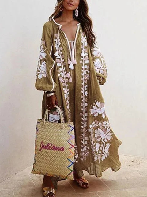 Boho Elegant Print Long Dress For Women Loose Casual V Neck Lace Up Big Hem Long Style Dresses 2024 Fashion New Lady Robe
