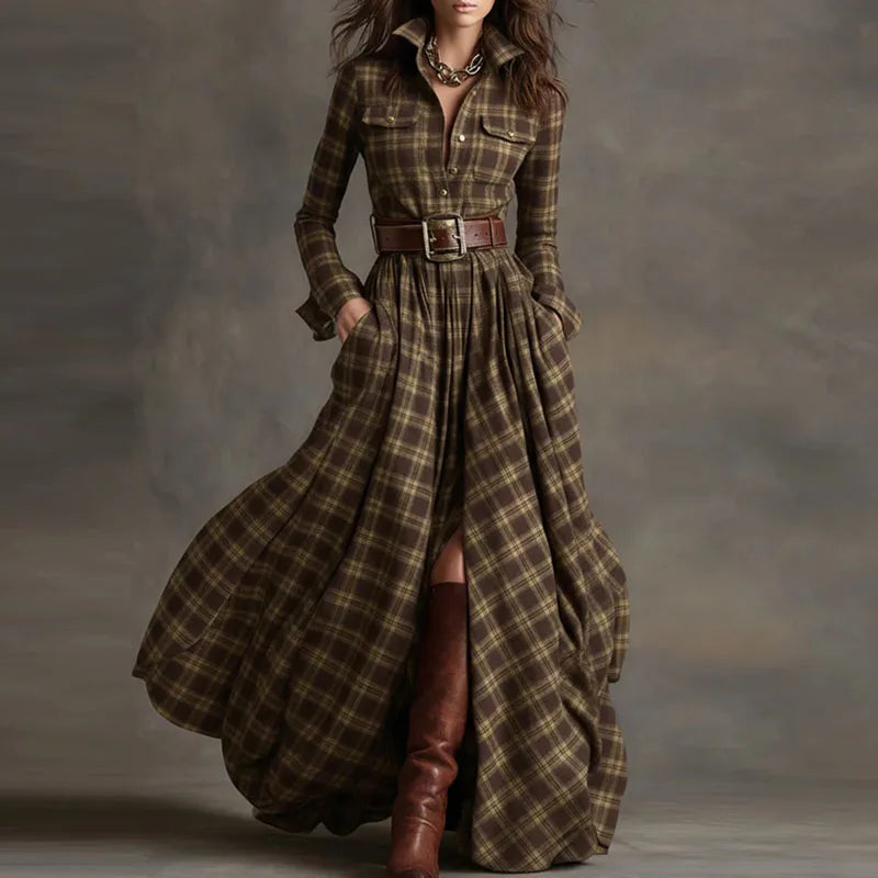 Boho Woman Clothing Elegant Shirt Collar Button Loose Long Dresses Retro New Plaid Print Pocket Swing Autumn Maxi Dress Vestidos
