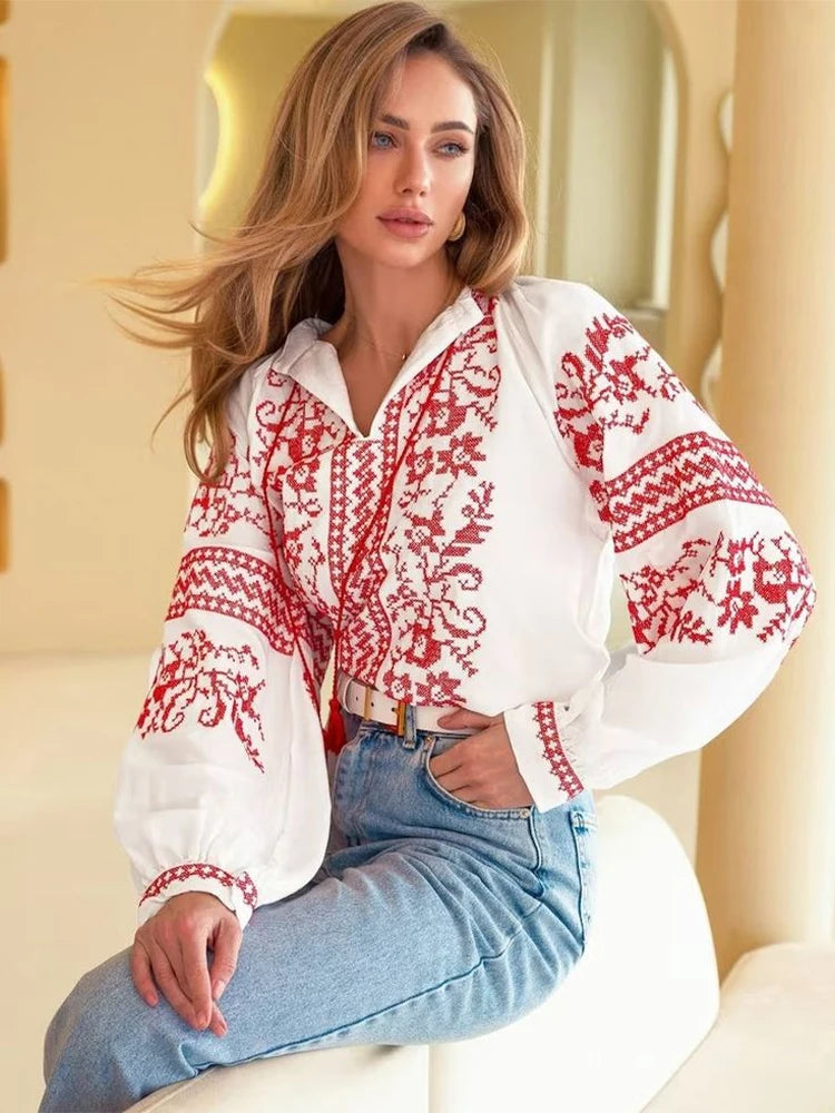 Boho Women's Retro Blouse National Style Print Lace-Up Tassel O-Neck Lantern Sleeve Tops Loose All-Match Female Blusa 2025