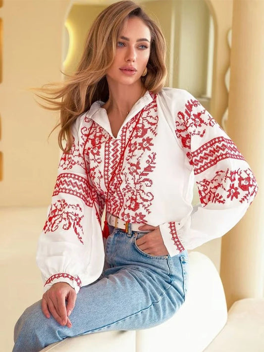 Boho Women's Retro Blouse National Style Print Lace-Up Tassel O-Neck Lantern Sleeve Tops Loose All-Match Female Blusa 2025