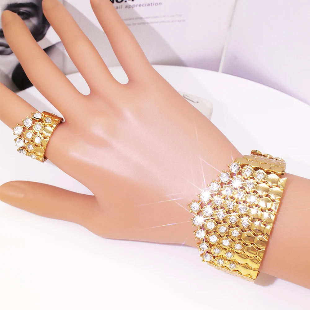 GZJPEI Shiny White Zircon Jewelry Set Italy Nigeria Wedding Jewellery 18K Gold Plated Big Necklace Bracelet Long Drop Earring