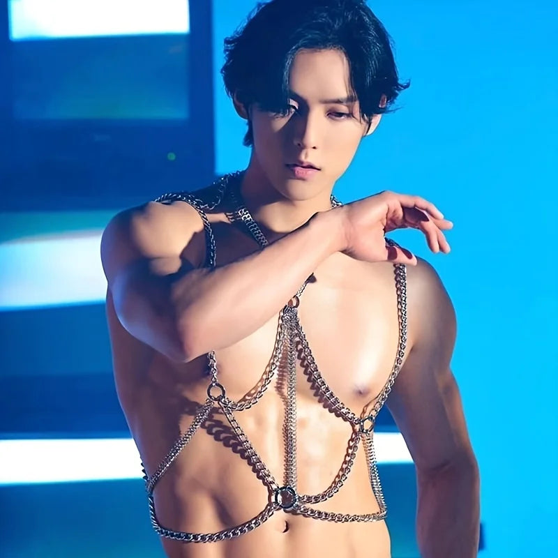 Men'S Fashion Featuring Punk Hip-Hop Street Dance with Tassels, Metallic Clothing, Collarbone Chains, Waist Chains, And Unique O