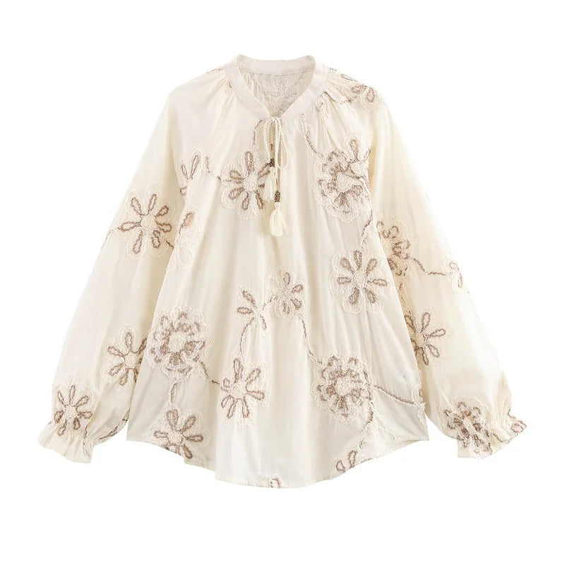 MUJER Flower Embroidered Blouses for Women Tassel Casual Shirts and Blouses Woman Ruched Beach Women's Blouse Summer Boho Tops