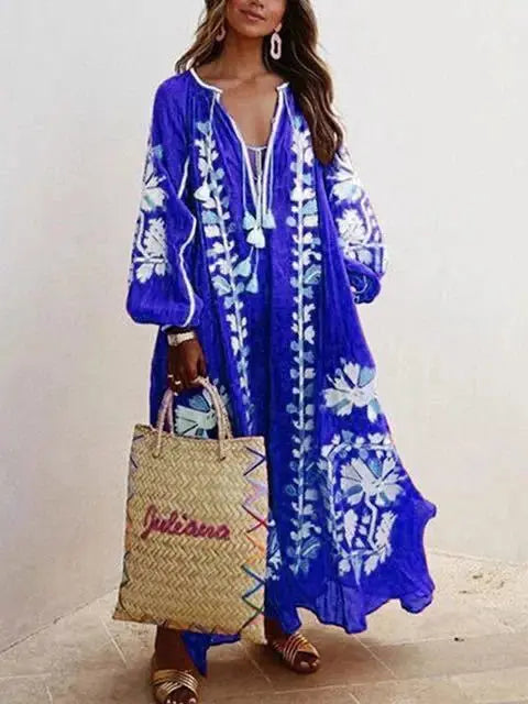 Boho Elegant Print Long Dress For Women Loose Casual V Neck Lace Up Big Hem Long Style Dresses 2024 Fashion New Lady Robe
