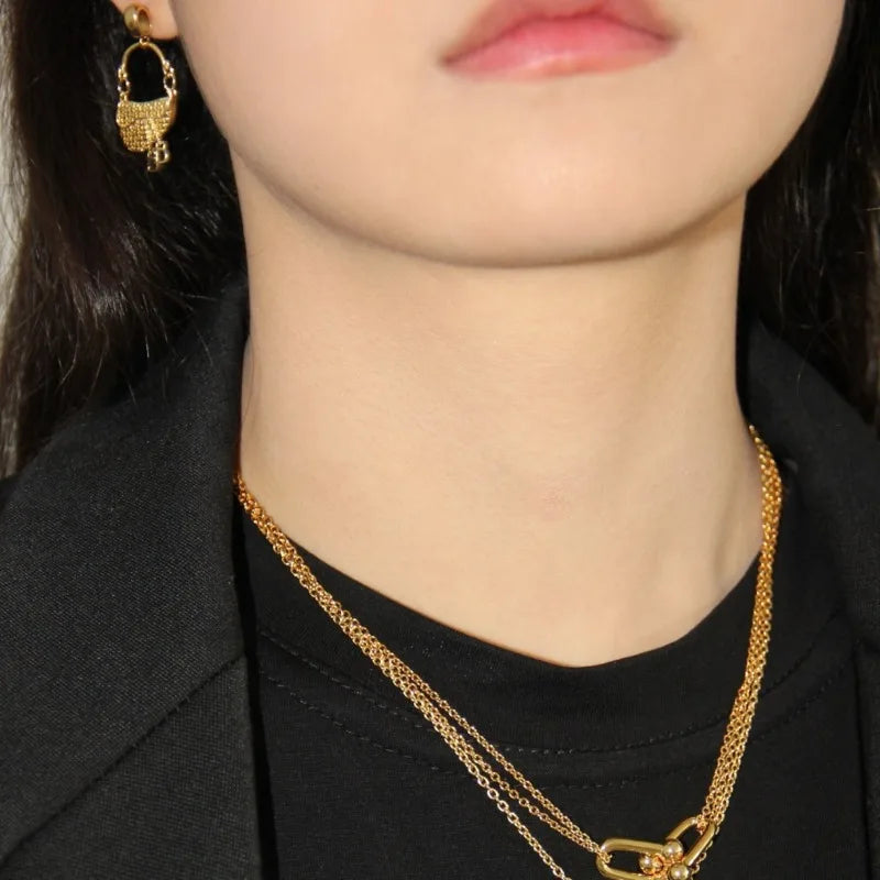 Women's Jewelry, French Luxury Gold-plated, Saddle Bag Pendant Earrings & Necklace, Elegant Versatile, Stylish Hot Sale