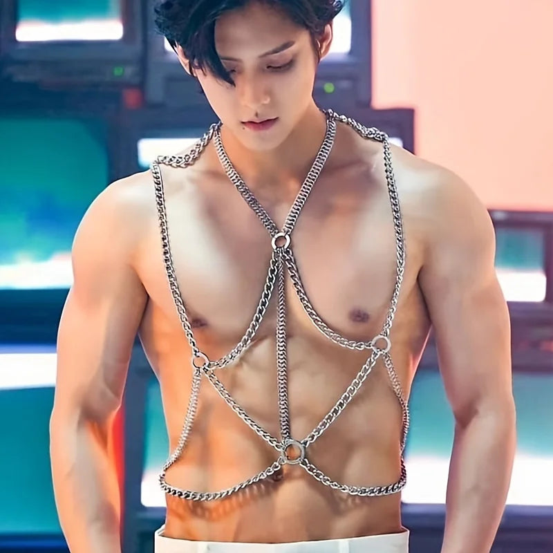 Men'S Fashion Featuring Punk Hip-Hop Street Dance with Tassels, Metallic Clothing, Collarbone Chains, Waist Chains, And Unique O